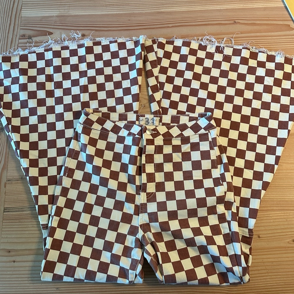 Free People Brown and Cream Checkerboard Flare Pants - Picture 2 of 4